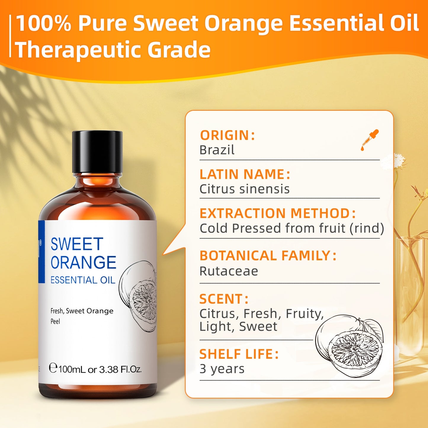 HIQILI 100ML Sweet Orange Essential Oils,100% Pure Nature for Aromatherapy | Used for Diffuser，Humidifier，Massage | Fresh air - adamshealthstore