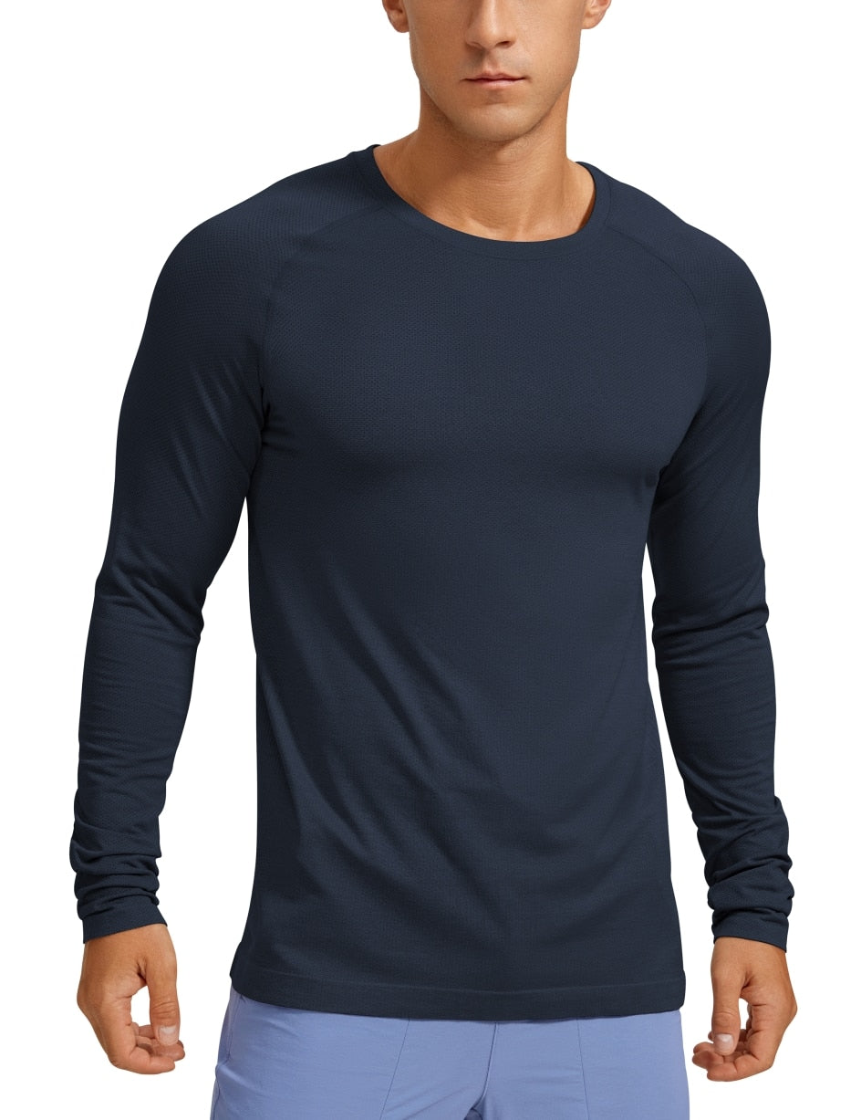 YOGA  US Warehouse Mens Seamless Long Sleeve Tee Shirts Moisture Wicking Workout Athletic Running Shirts Breathable Gym Tops - adamshealthstore